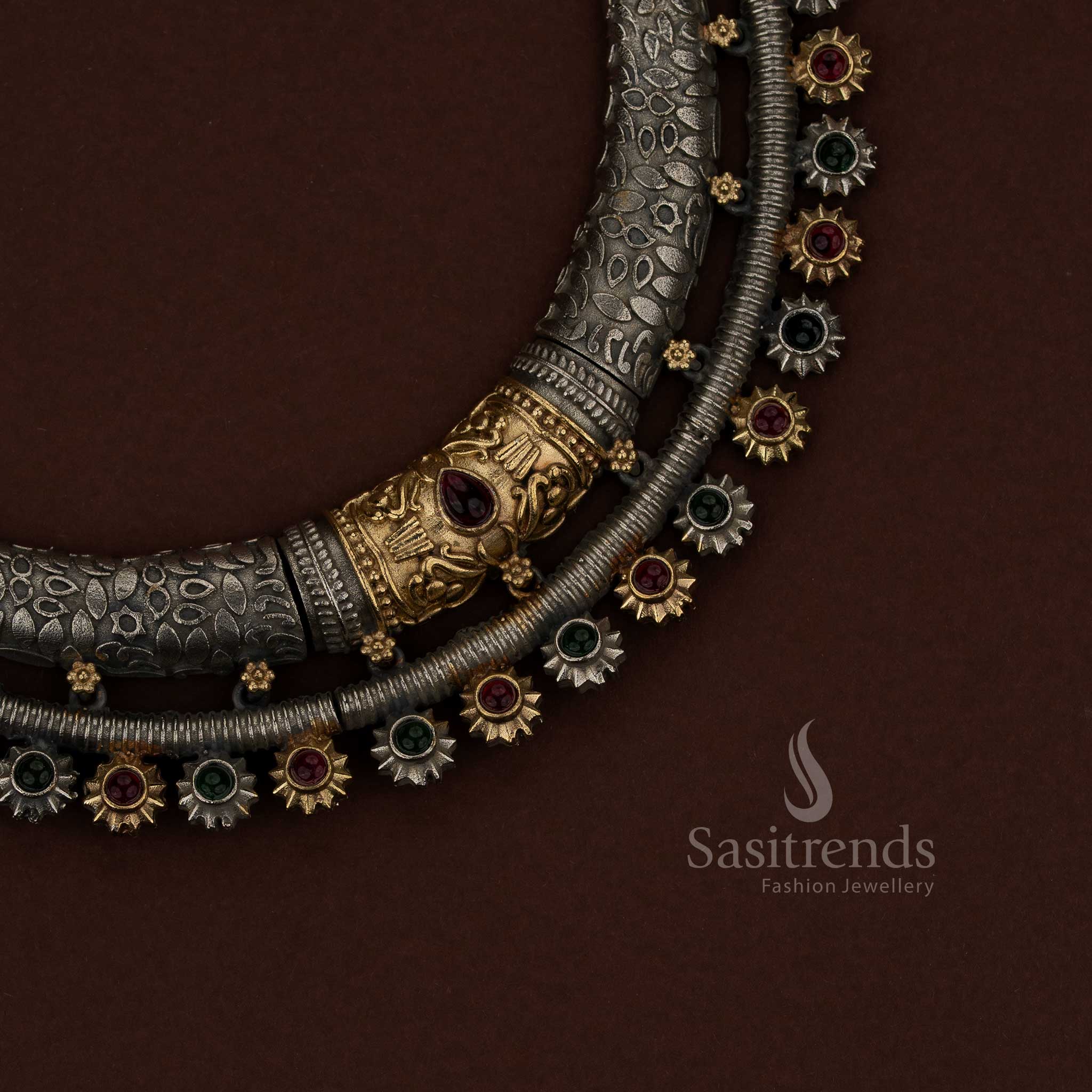 Exquisite oxidised ruby Huslia Chandbali necklace with sun motif and teardrop stone embellishments for ethnic styling - Sasitrends