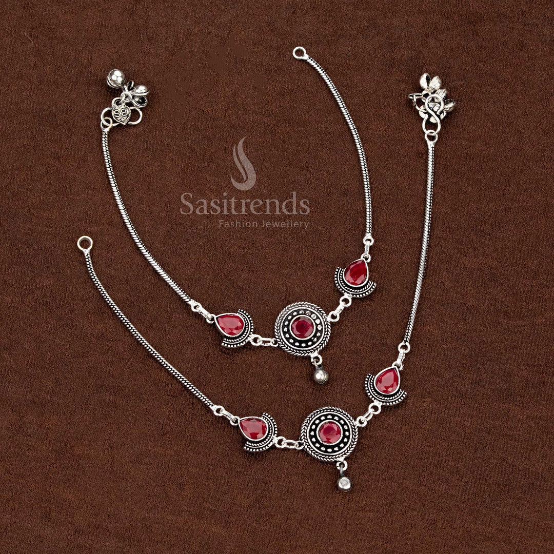 Dazzling oxidised circular anklet featuring ruby teardrop Monalisa stones, ideal for festive gatherings, cultural events, and stylish party wear – Sasitrends