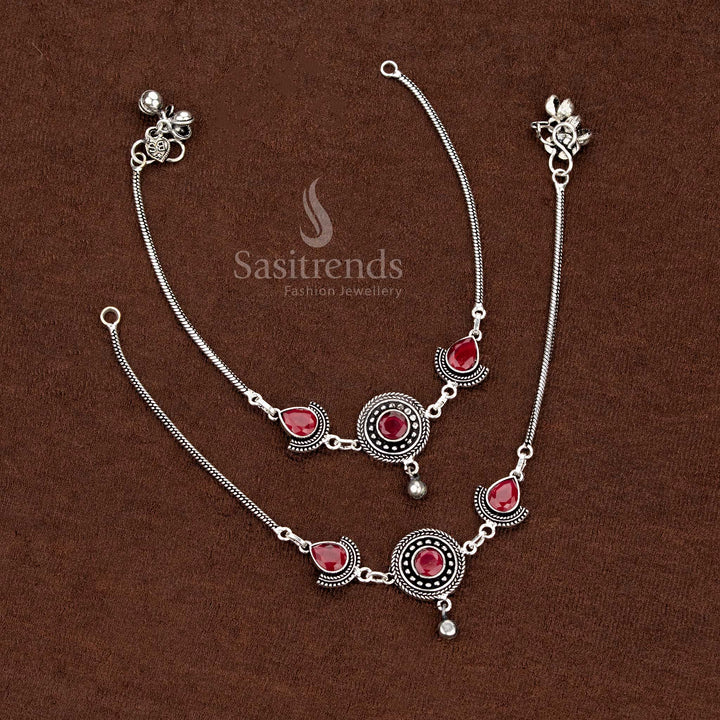 Dazzling Oxidised Anklets Circular with Teardrop Monalisa Stones for Stylish Festive & Cultural Wear Jewellery