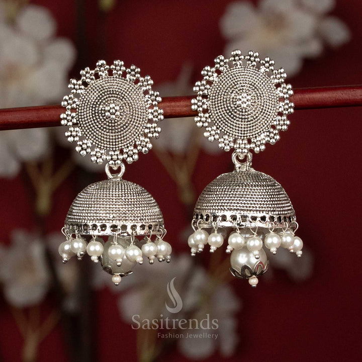 Stylish Oxidised Sunburst Mandala Jhumka Earrings with Pearl Drops for Festive & Casual Outfits