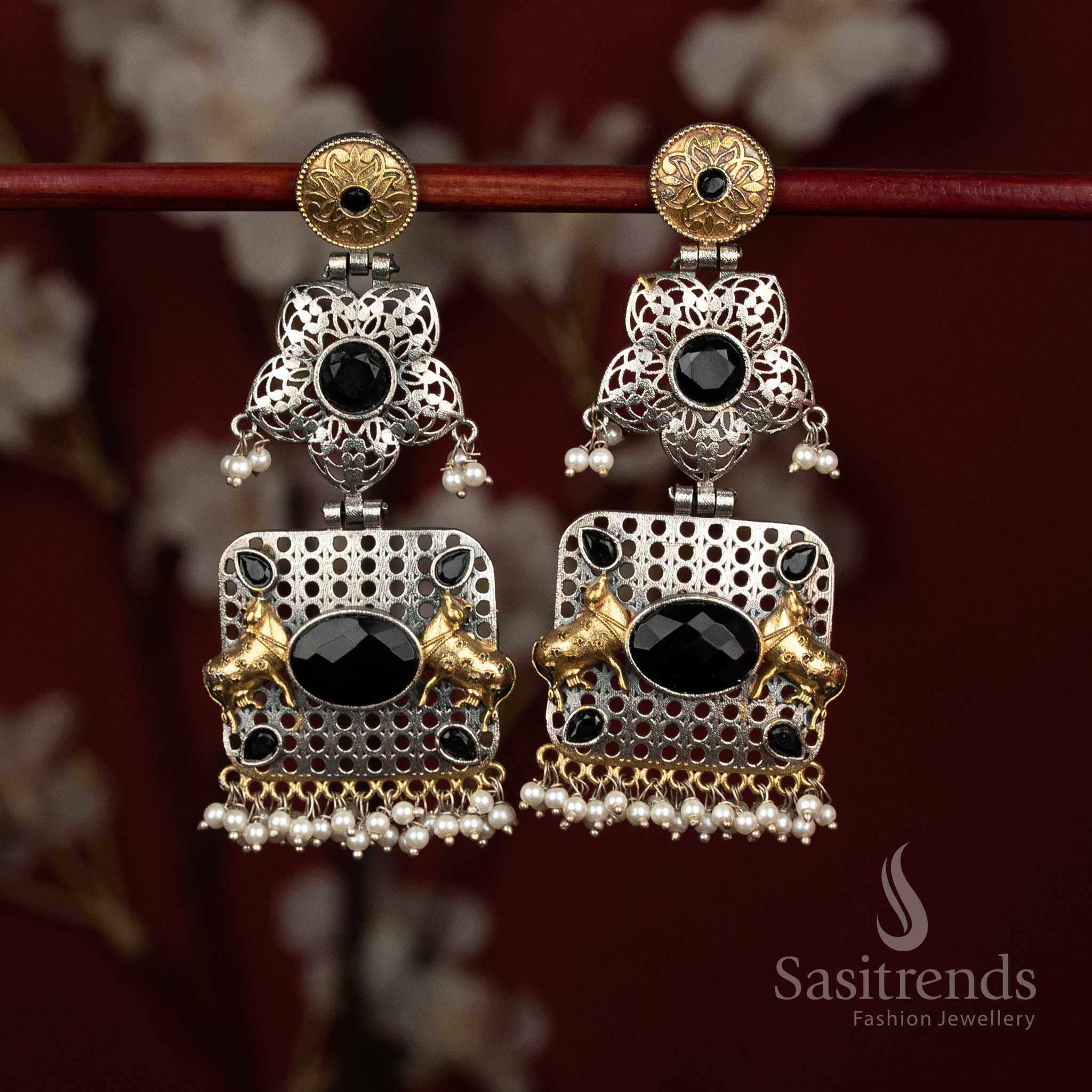 Midnight antique oxidised 92.5 silver black floral mandala Nandi bull panel earrings with oval Monalisa stones and linear pearl fringes - jewellery - Sasitrends