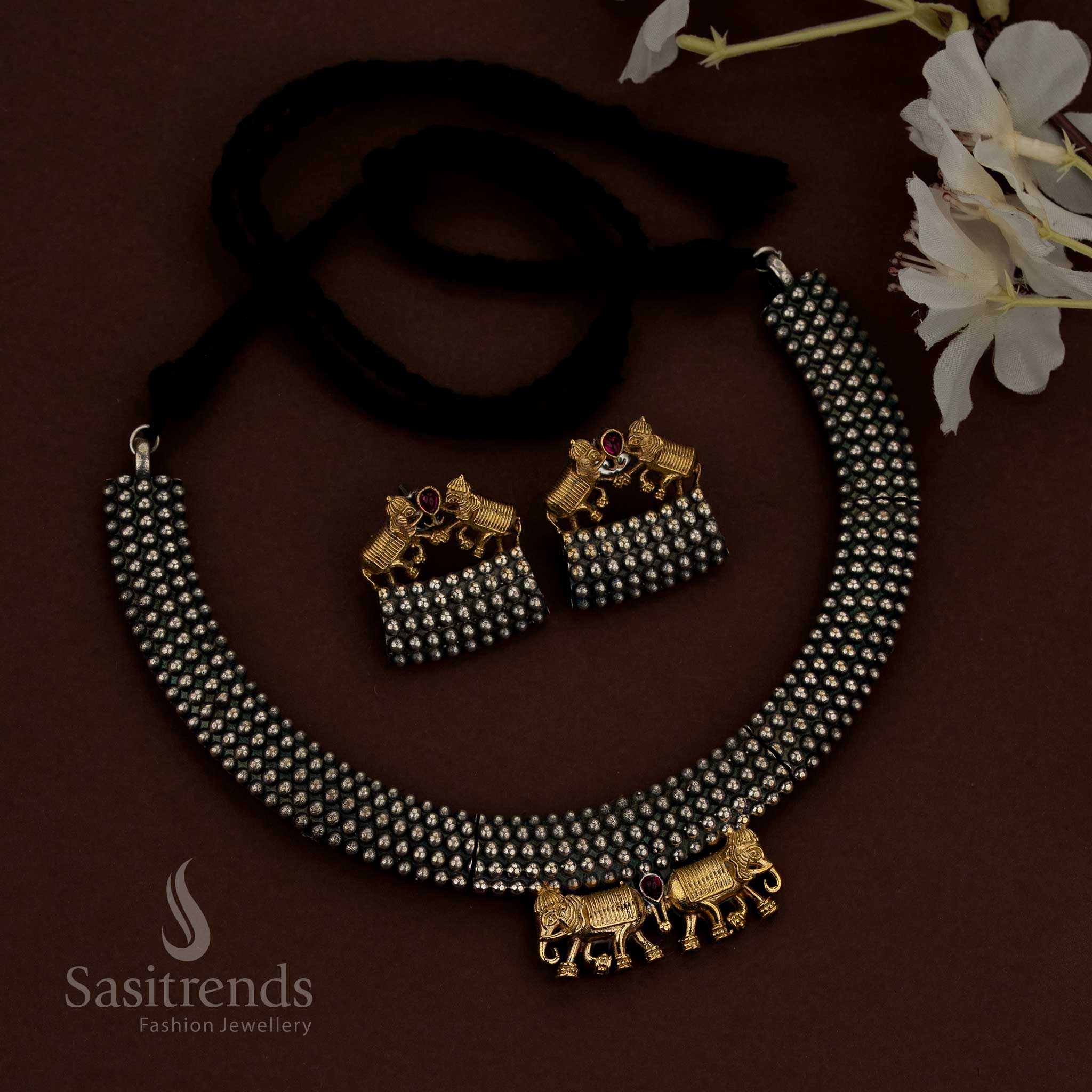 Royal oxidised silver dual tone ruby tribal elephant Gaja motif husli choker necklace for Navaratri - Sasitrends
