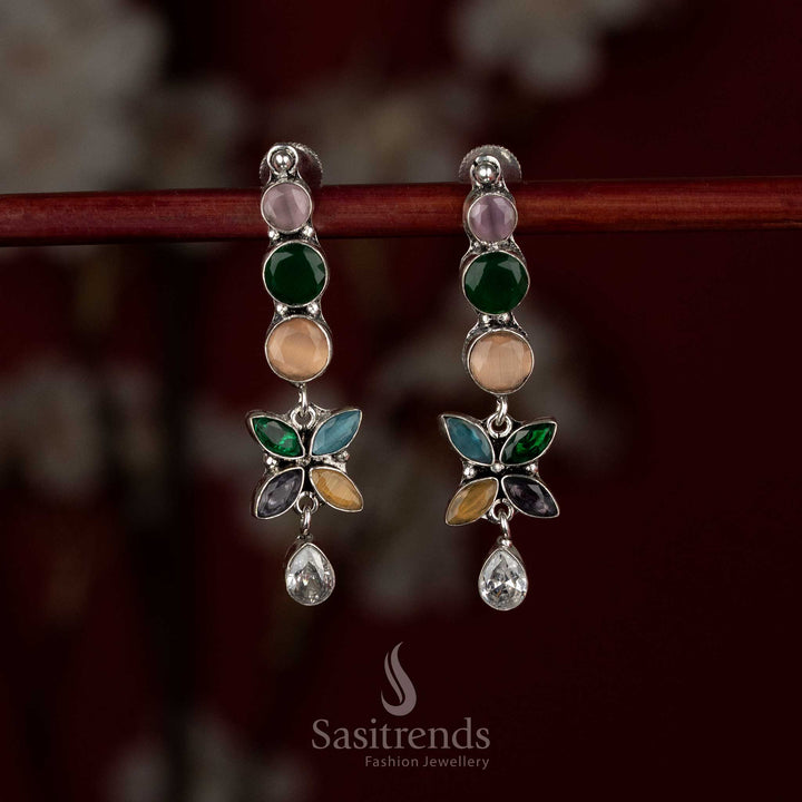 Chic oxidised silver multi floral line drop earrings suitable for colourful everyday styling and work-friendly looks – Sasitrends