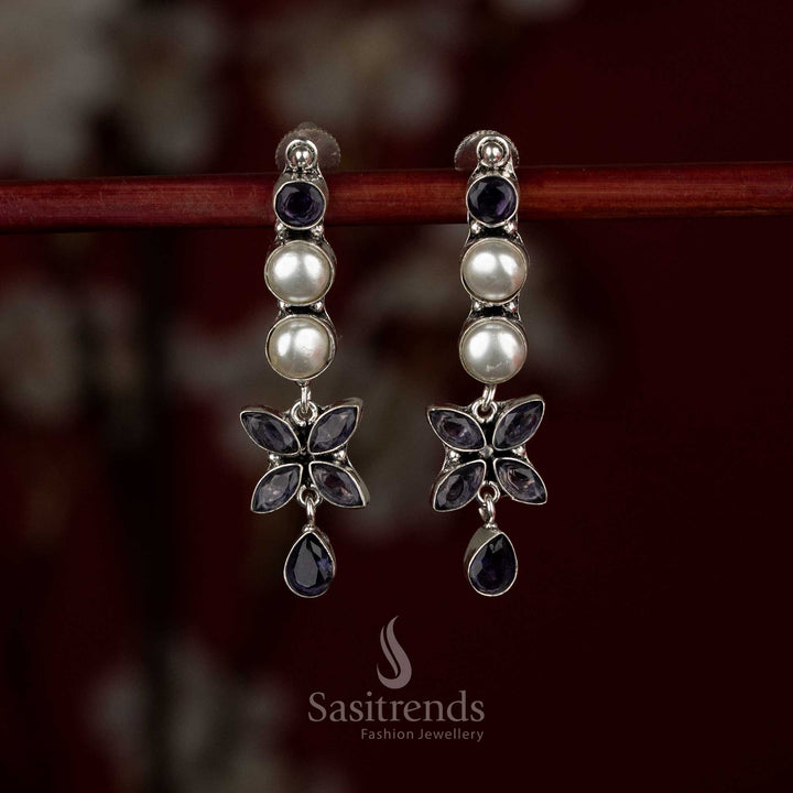 Chic oxidised silver pearl-purple floral line drop earrings for minimal office looks and everyday dressing – Sasitrends