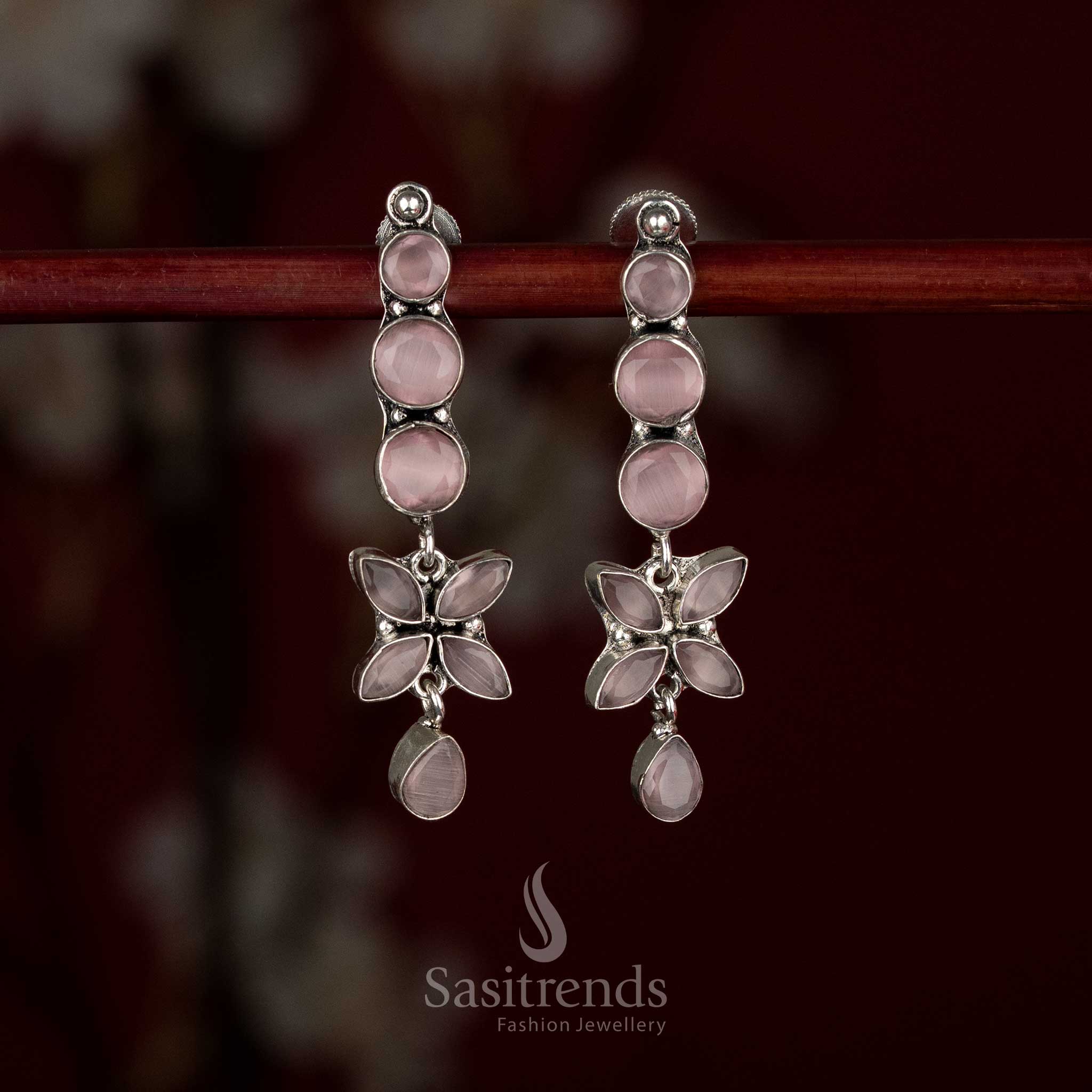 Elegant oxidised silver pink linear floral drop earrings ideal for everyday outfits and polished office looks – Sasitrends