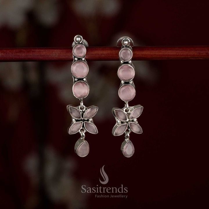 Elegant oxidised silver pink linear floral drop earrings ideal for everyday outfits and polished office looks – Sasitrends