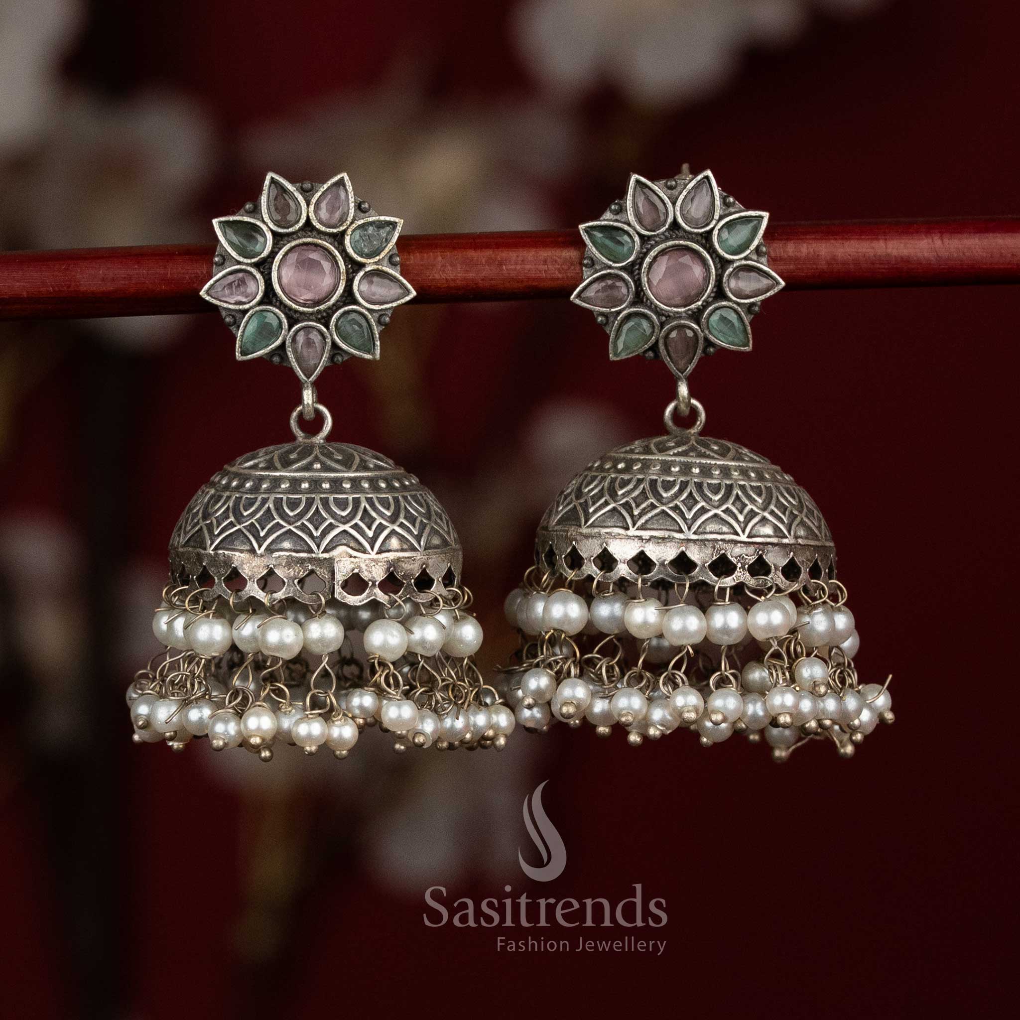 Blended pastel antique oxidised 92.5 silver pink mint floral dome jhumka earrings with layered pearls for cultural chic - jewellery - Sasitrends