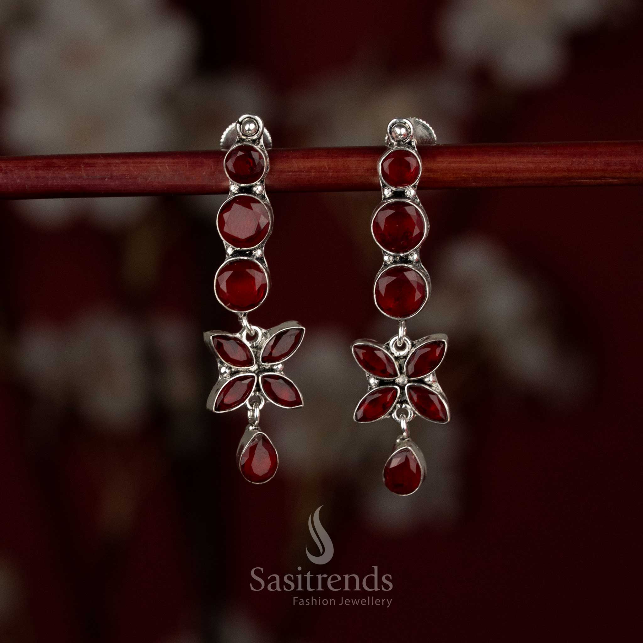Charming oxidised silver red floral line drop earrings suitable for professional looks and everyday outfits – Sasitrends