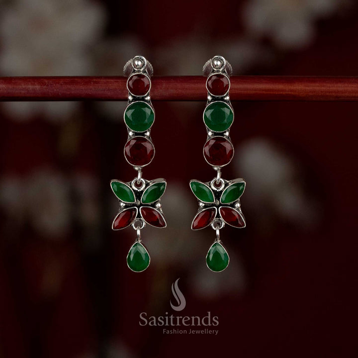 Elite oxidised silver plated red-green linear floral drop earrings for polished workwear and neat casual styling – Sasitrends