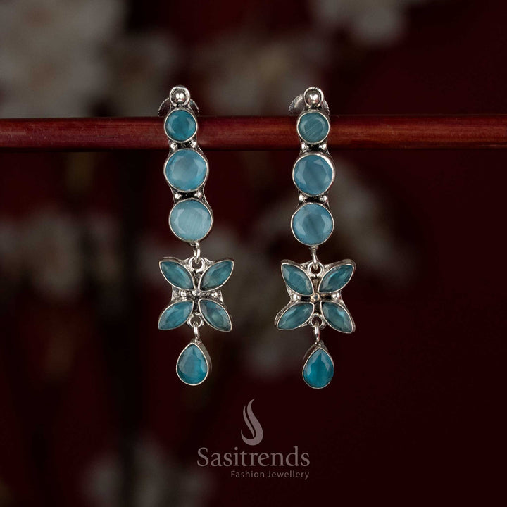 Minimal oxidised silver sky-blue floral line drop earrings perfect for regular daily wear and neat work ensembles – Sasitrends