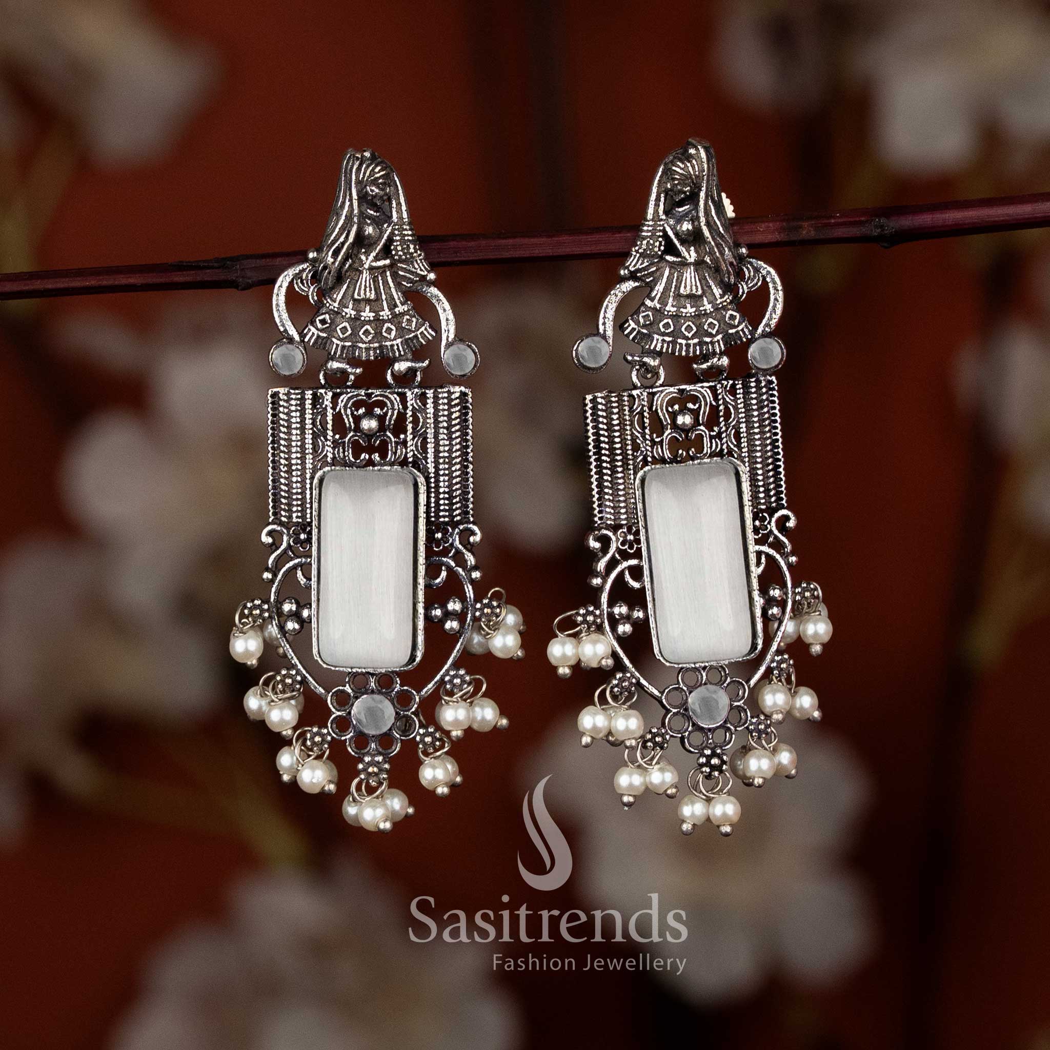 Trendy oxidised dancer motif earrings in white with rectangular centrepiece and pearl clusters, ideal for office and casual styling jewellery – Sasitrends