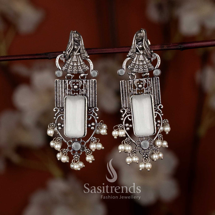 Trendy oxidised dancer motif earrings in white with rectangular centrepiece and pearl clusters, ideal for office and casual styling jewellery – Sasitrends