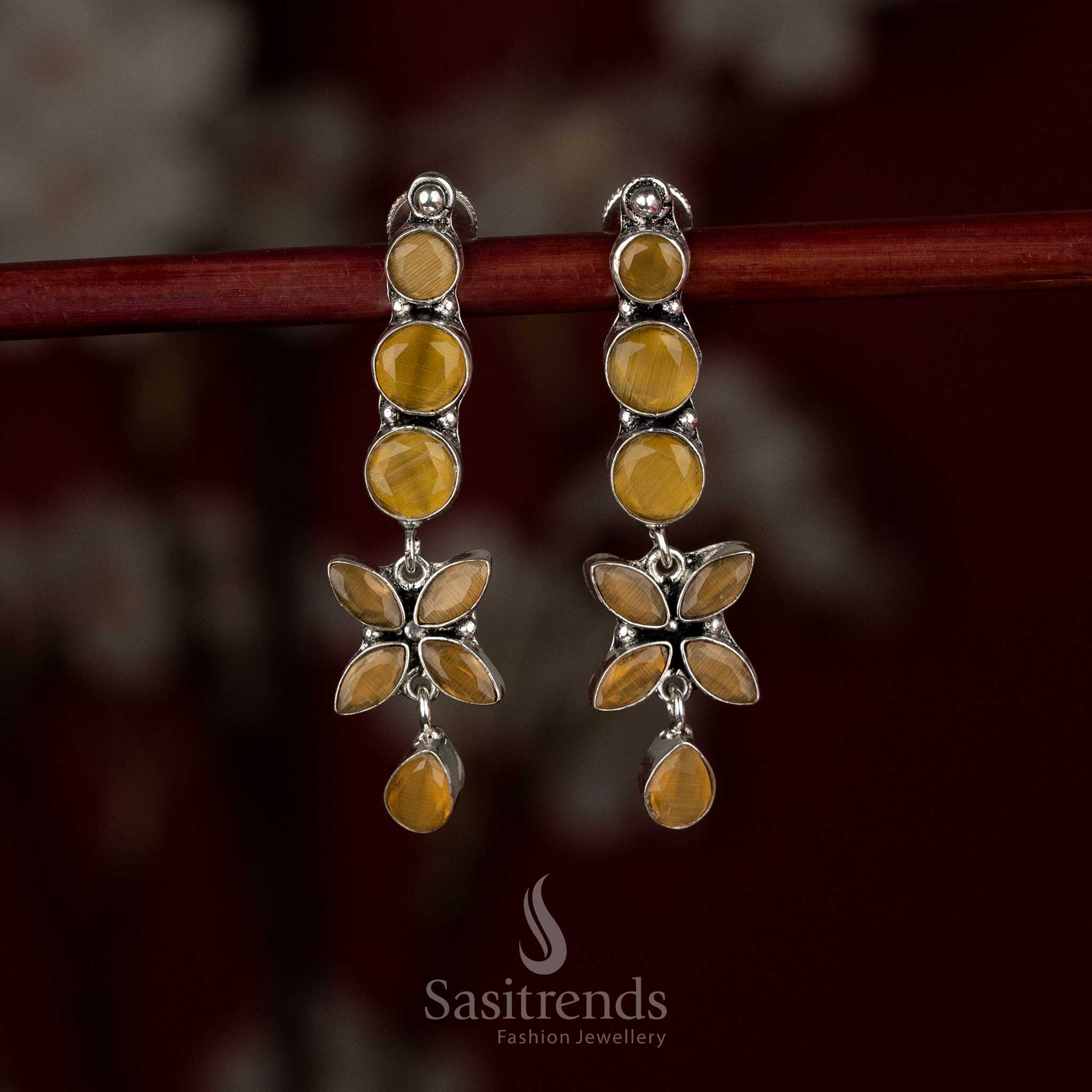 Fresh oxidised silver yellow floral line drop earrings crafted for casual office wear and daily elegance – Sasitrends