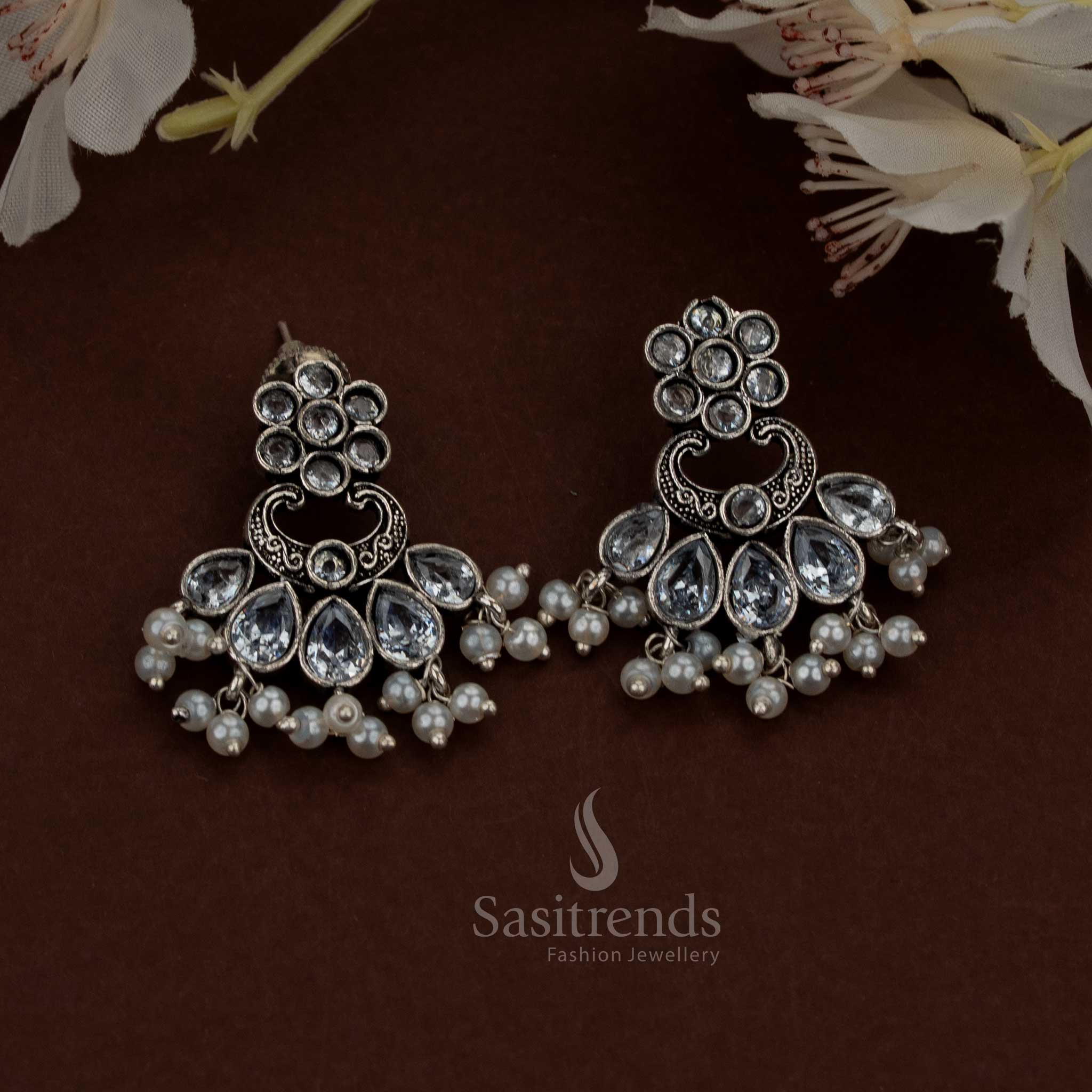 Dazzling Oxidised White Floral Chandbali Teardrop Stone Earrings with Pearls for festivals traditional celebrations Sasitrends