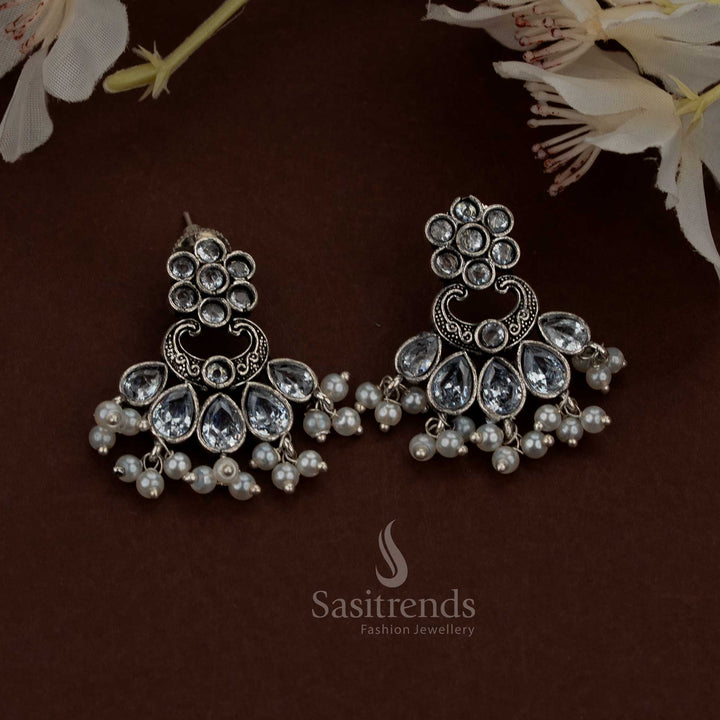 Dazzling Oxidised Colourful Floral Chandbali Teardrop Stone Earrings with Pearls – For Festivals & Ethnic Parties