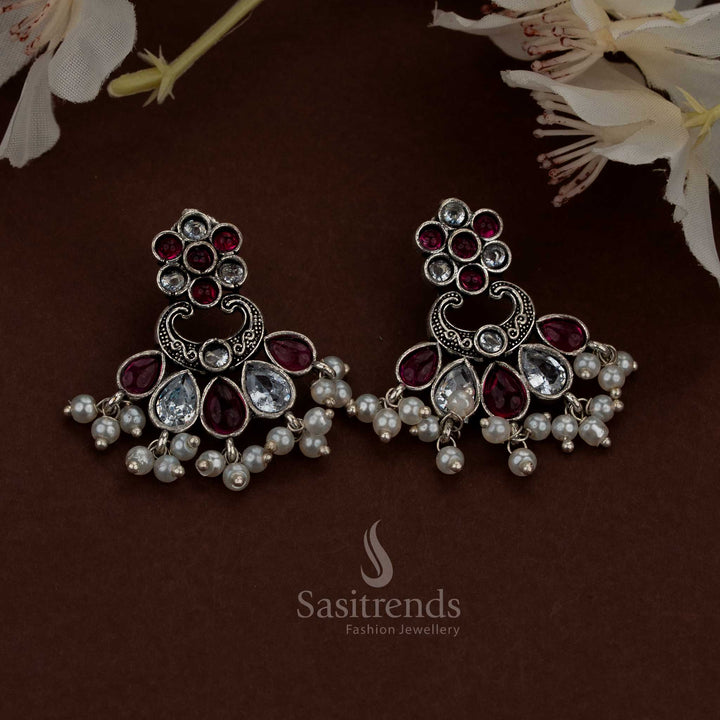 Elegant Oxidised White Ruby Floral Chandbali Teardrop Stone Earrings with Pearls for temple functions Sasitrends