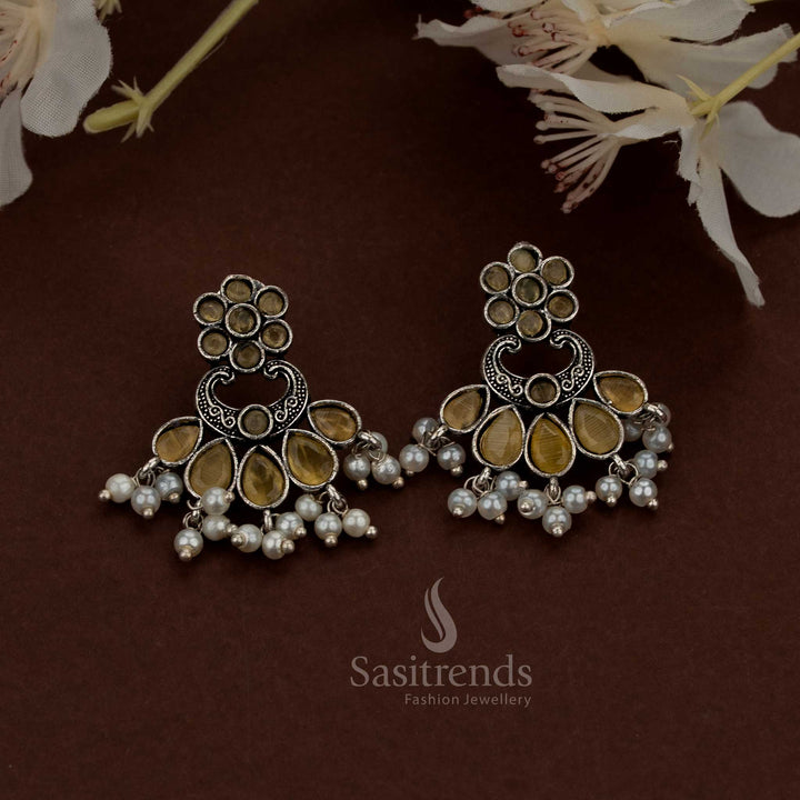 Glorious Oxidised Yellow Floral Chandbali Teardrop Stone Earrings with Pearls for folk festival celebrations Sasitrends