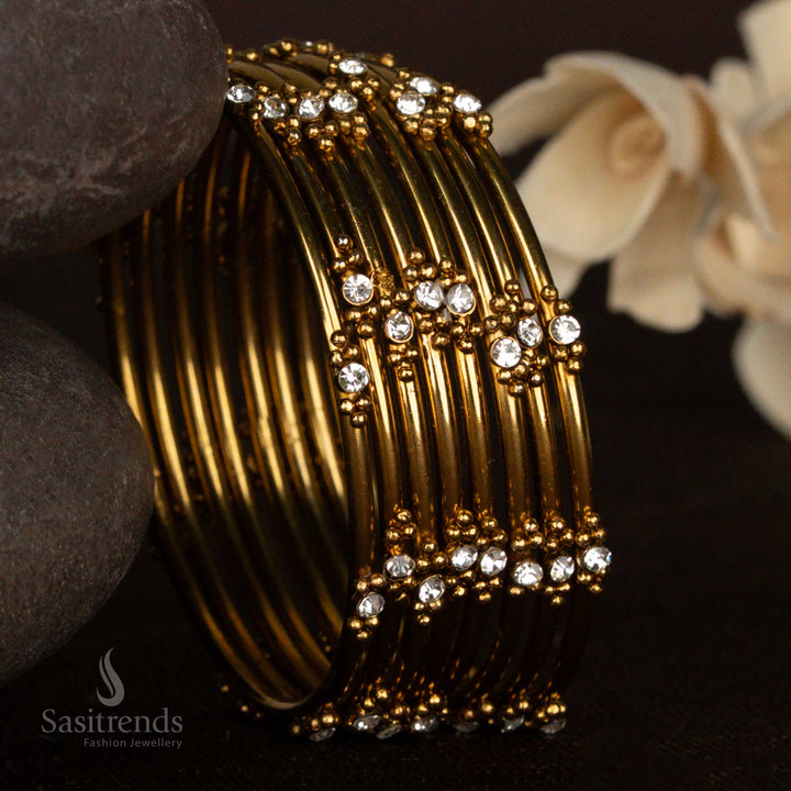Oxidised Antique Gold Plated Stone Bangles with Floral Cluster Design - Sasitrends