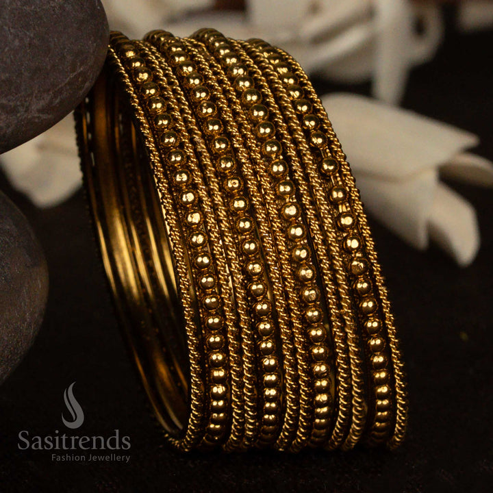 Oxidised Antique Gold Plated Textured Ball Beaded Bangles – Traditional Ethnic Design – Set of Bangles for Sarees and Festive Wear - Sasitrends