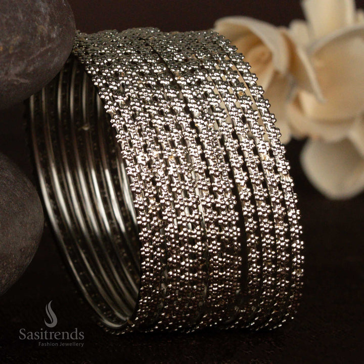 Oxidised Silver Finish Bangles with Full Surface Embossed Texture – Traditional Wear Set - Sasitrends