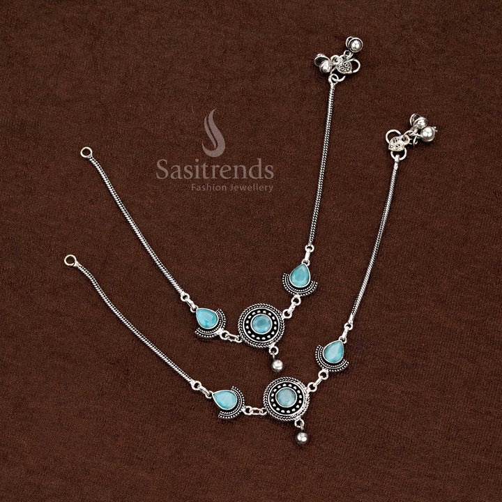 Chic oxidised Sky-Blue anklet with mint teardrop Monalisa stones, perfect for party, casual outings, and evening wear – Sasitrends