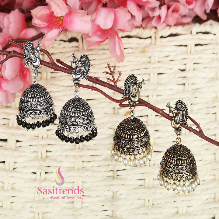 Traditional Oxidised Silver Combo Jhumka Earrings Set with Peacock Motif and Pearl Drops – Sasitrends