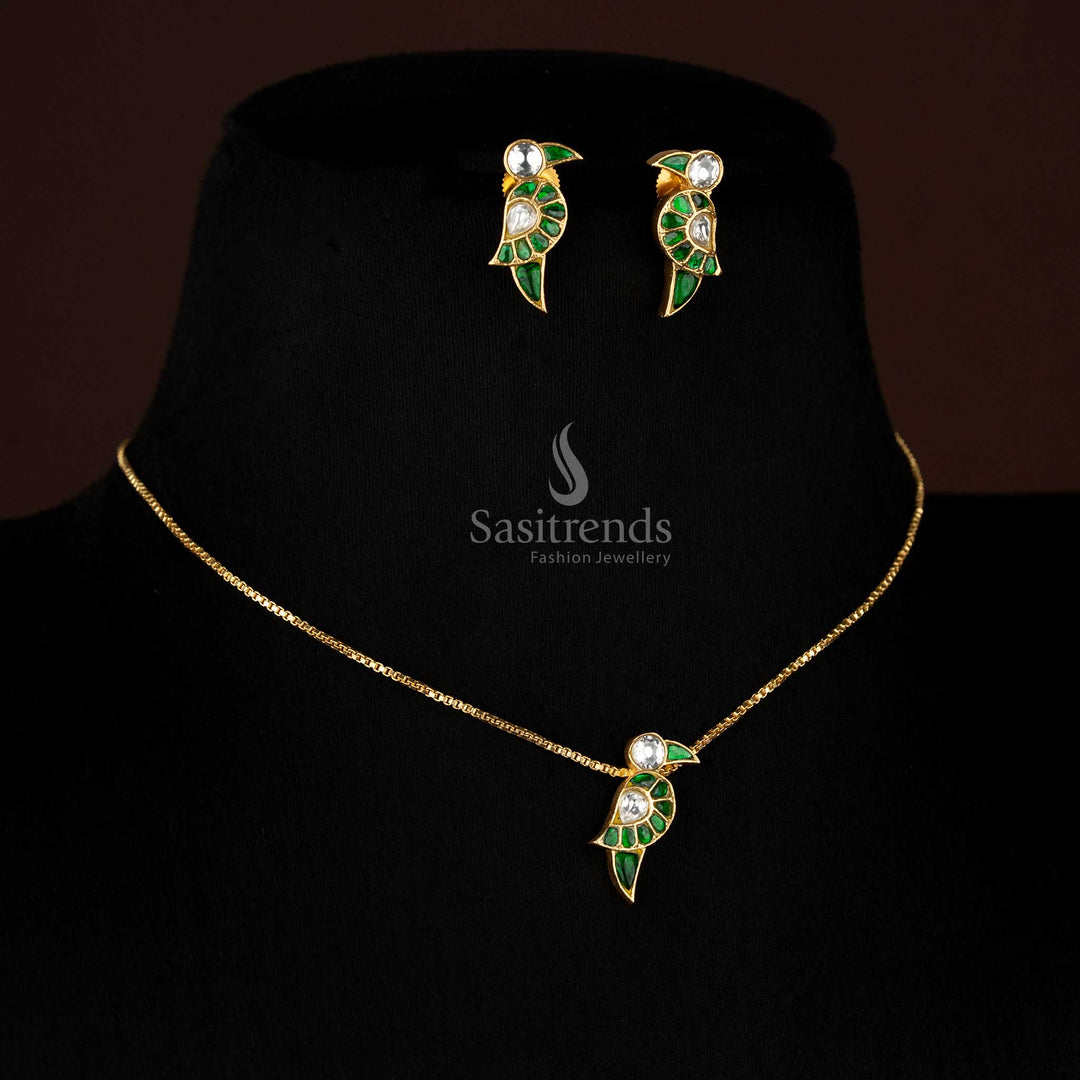 Majestic Parrot Charm Jadau 24K gold plated necklace set featuring intricate motifs, perfect for Haldi, Mehendi, and statement party saree styling – Sasitrends