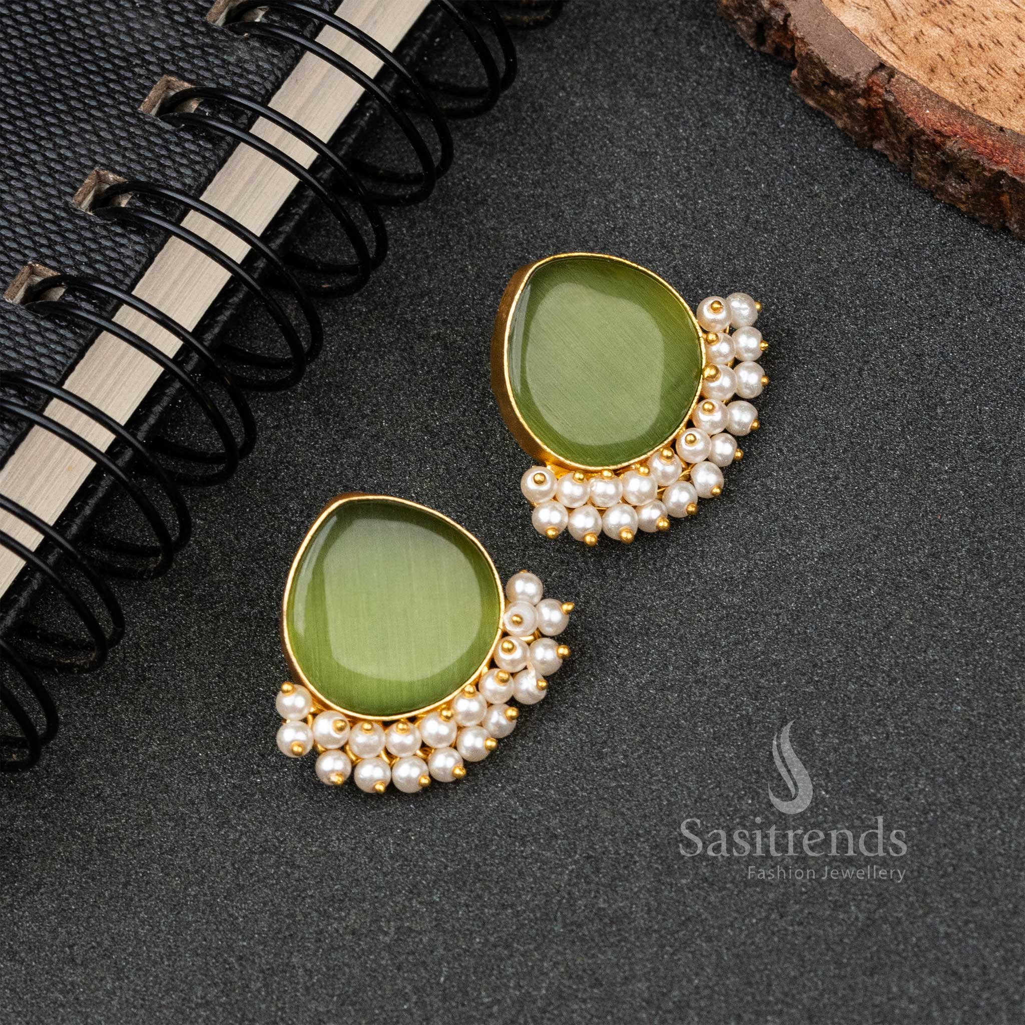 Parrot Green Gold Plated Pearls Monalisa Stone Studded Earrings