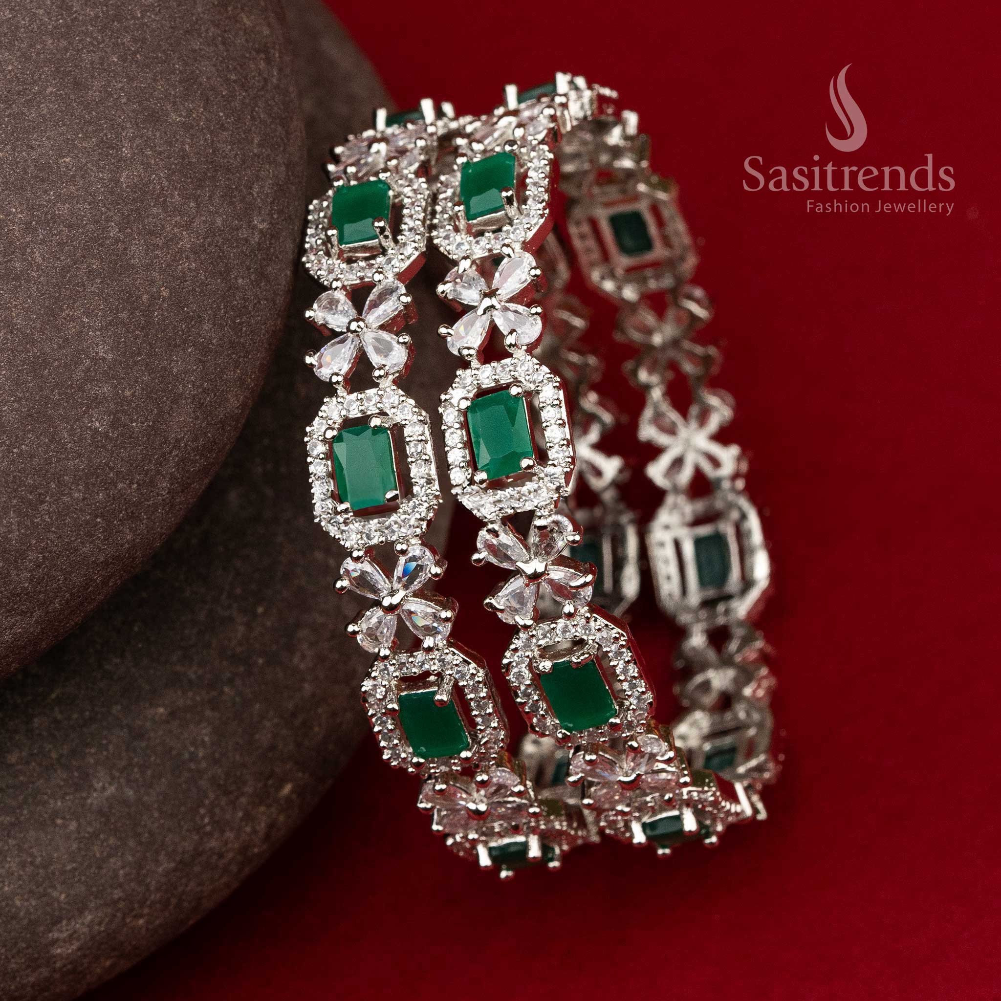 Party Wear AD Green Stone Stud Flower Designer Bangles Online Shopping