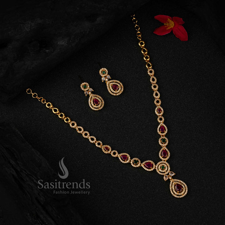 Elegant Micro Gold Plated Temple Wear Water Drop Pendant AD Jewellery Set | Sasitrends