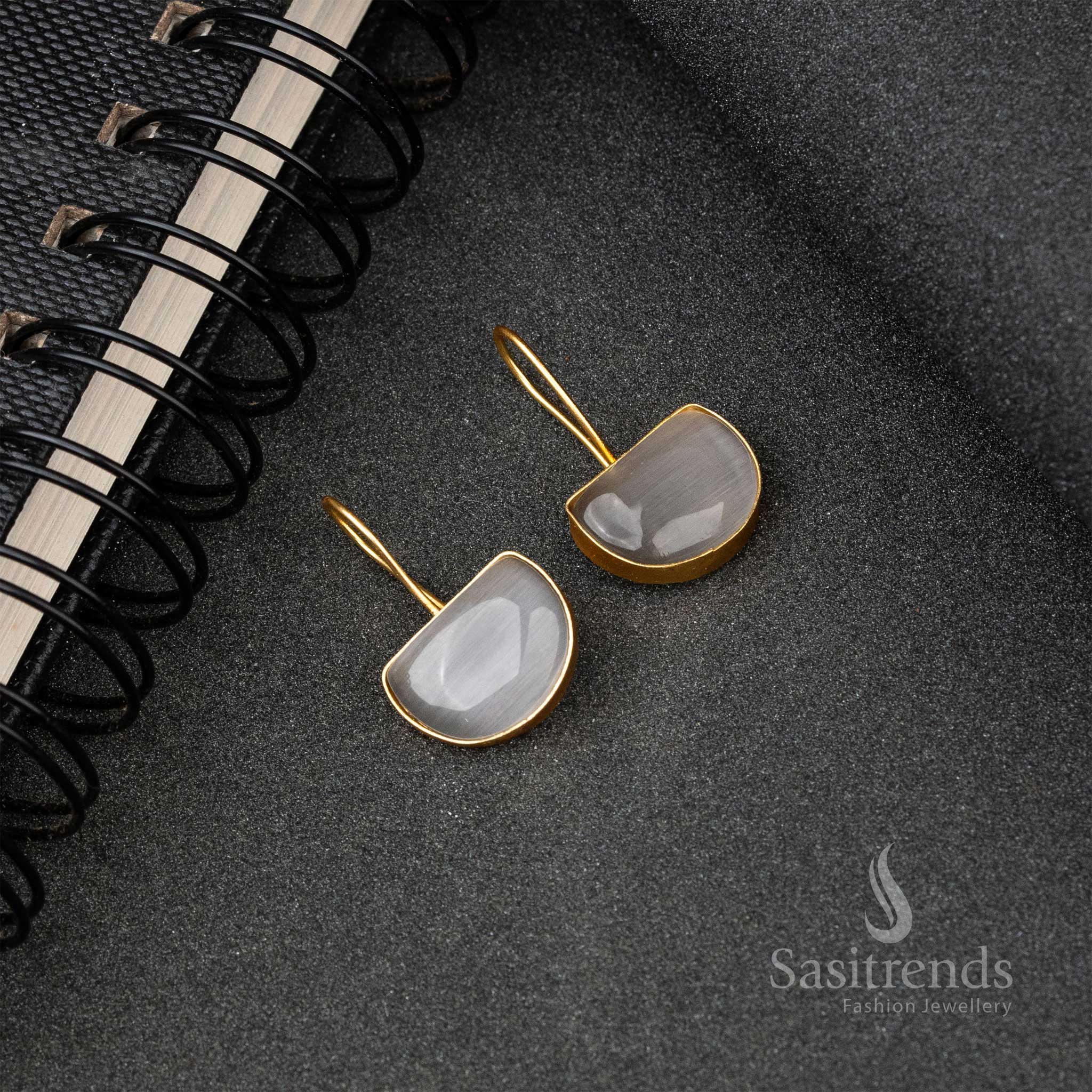 Party Wear Gold Plated Gray Monalisa Stone Fish Hook Earrings 