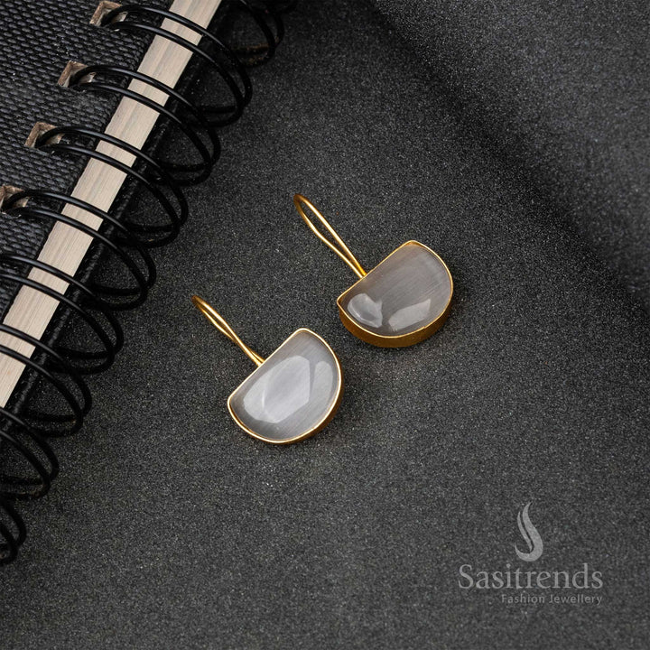 Party Wear Gold Plated Gray Monalisa Stone Fish Hook Earrings 