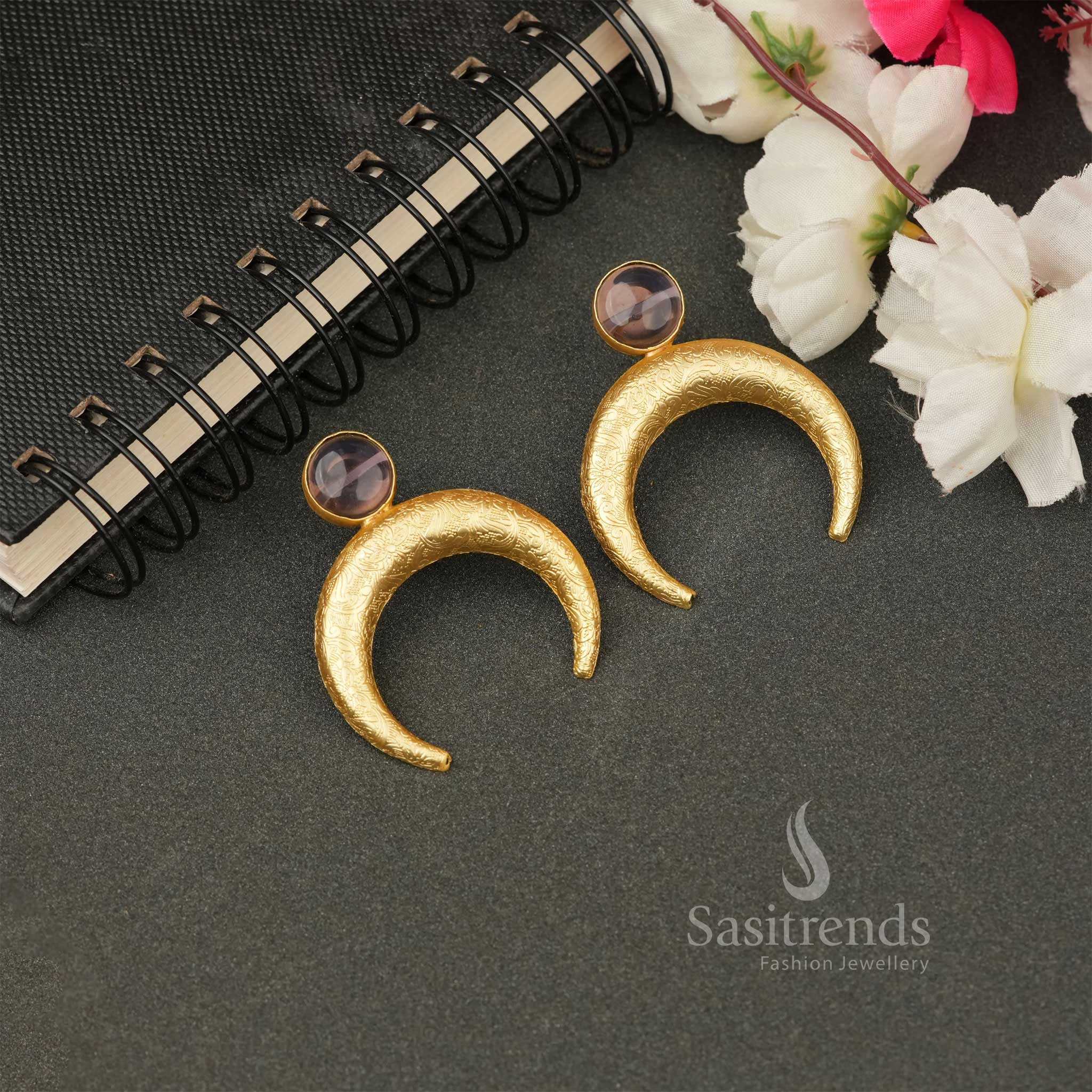 Party Wear Gold Plated Purple Monalisa Stone Studded Moon Pattern Earrings