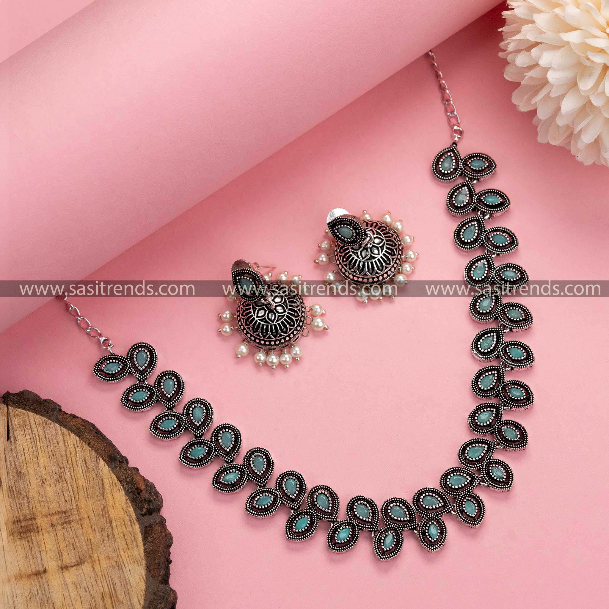 Trendy Oxidised German Silver Necklace with Pearl Jhumkas featuring Mint Stones - Elegant Fashion Accessory
