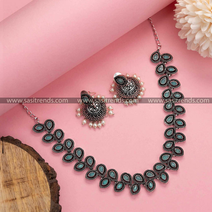 Trendy Oxidised German Silver Necklace with Pearl Jhumkas featuring Mint Stones - Elegant Fashion Accessory