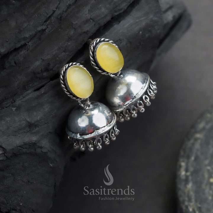 Trendy Traditional Oxidized German Silver Jhumka Earrings with Oval Monalisa Stone | Sasitrends - Sasitrends