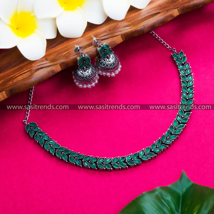 Elegant Oxidised Stones Jewellery Set with Leaf Motifs - Sasitrends - Sasitrends