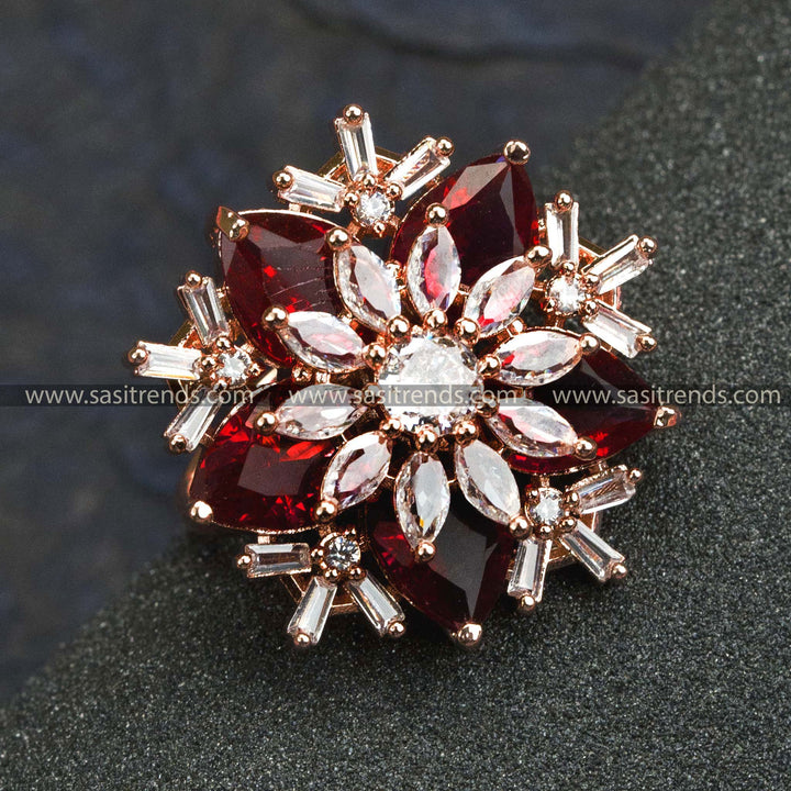 Trendy Party Wear Rose Gold Plated Floral Ring with American Diamond Stones in Striking Red - Online Shopping for Women's Jewelry