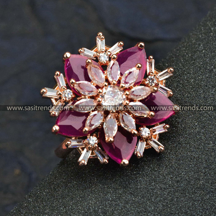 Rose Gold Plated Floral Ring with American Diamond Stones in Rich Ruby - Perfect for Trendy Party Wear