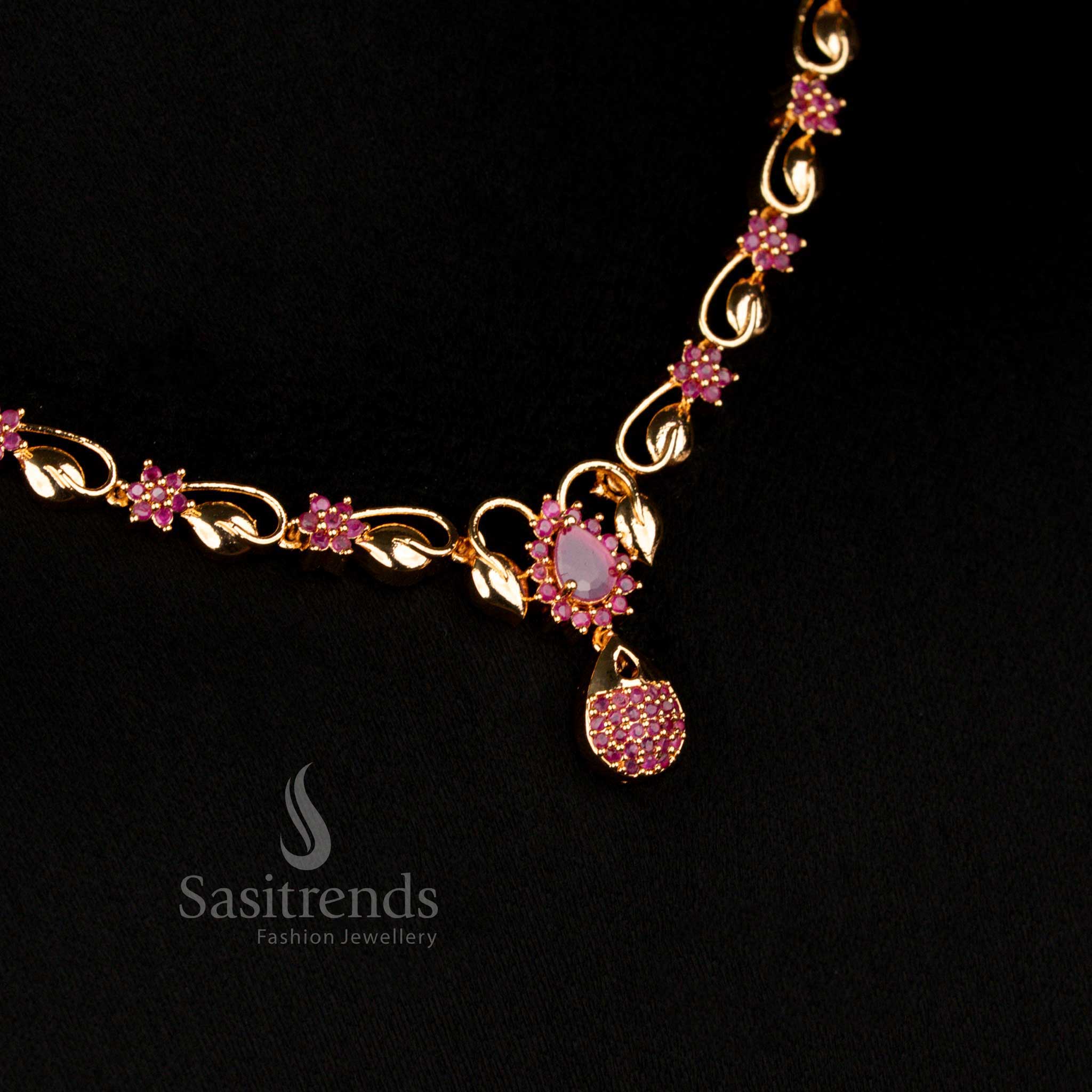 Royal fire micro gold AD teardrop pendant necklace embellished with vibrant ruby stones, creating an elegant festive and bridal charm – Sasitrends