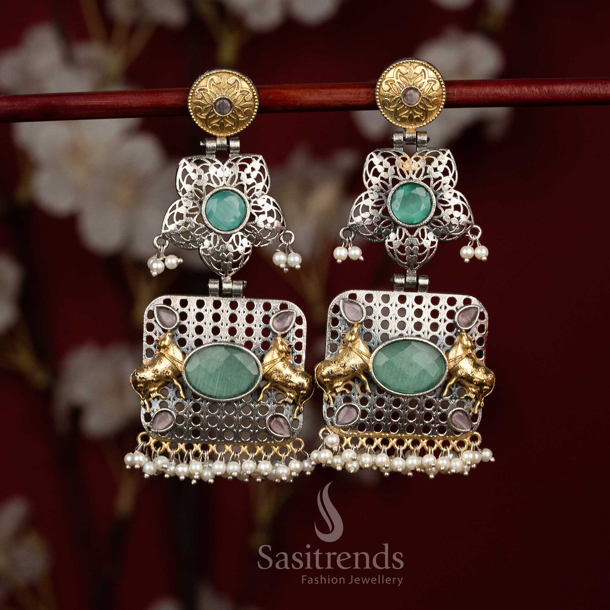 Blended heritage antique oxidised 92.5 silver pink mint floral mandala Nandi bull panel earrings with oval Monalisa stones and linear pearl fringes for festive - jewellery - Sasitrends