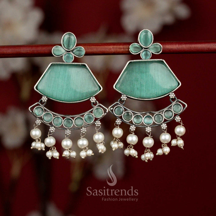 Cool mint antique oxidised 92.5 silver crescent pearl tassel earrings for festive styling - jewellery - Sasitrends