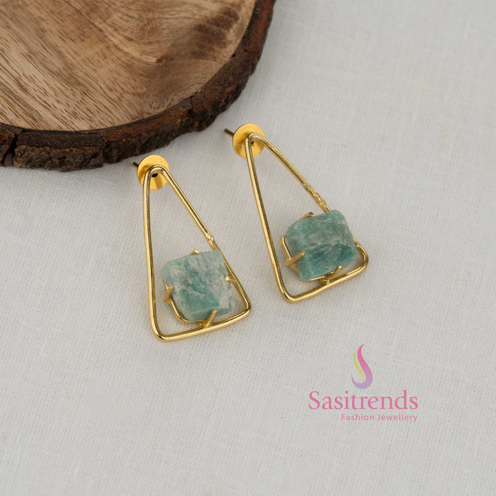 Pastel mint triangle natural stone gold plated earrings offering contemporary geometric flair for office outfits ethnic wear and daily fashion - Sasitrends