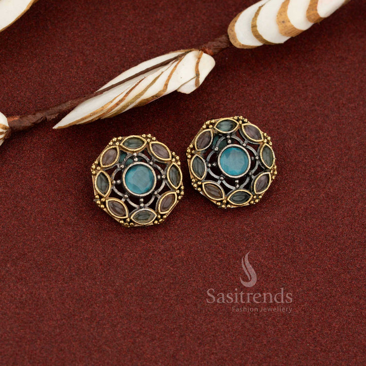 Blended pastel mint-Pink antique oxidised round lattice circle stone earrings ideal for soft daily wear and elegant evening styling – Sasitrends