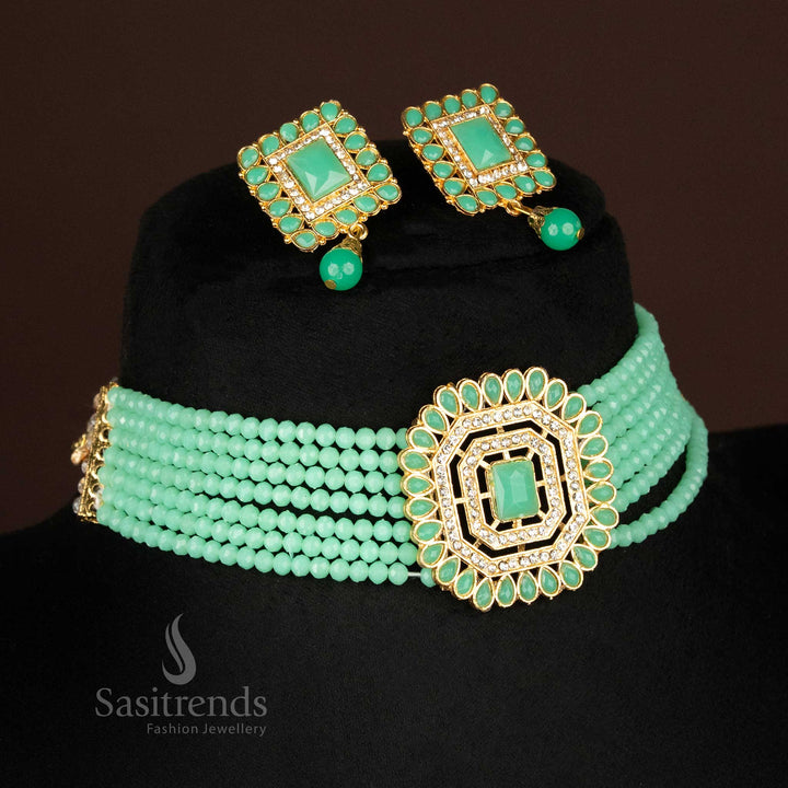Icy mint layered crystal bead choker with faceted octagonal centre and matching earrings – subtle sparkle jewellery from sasitrends