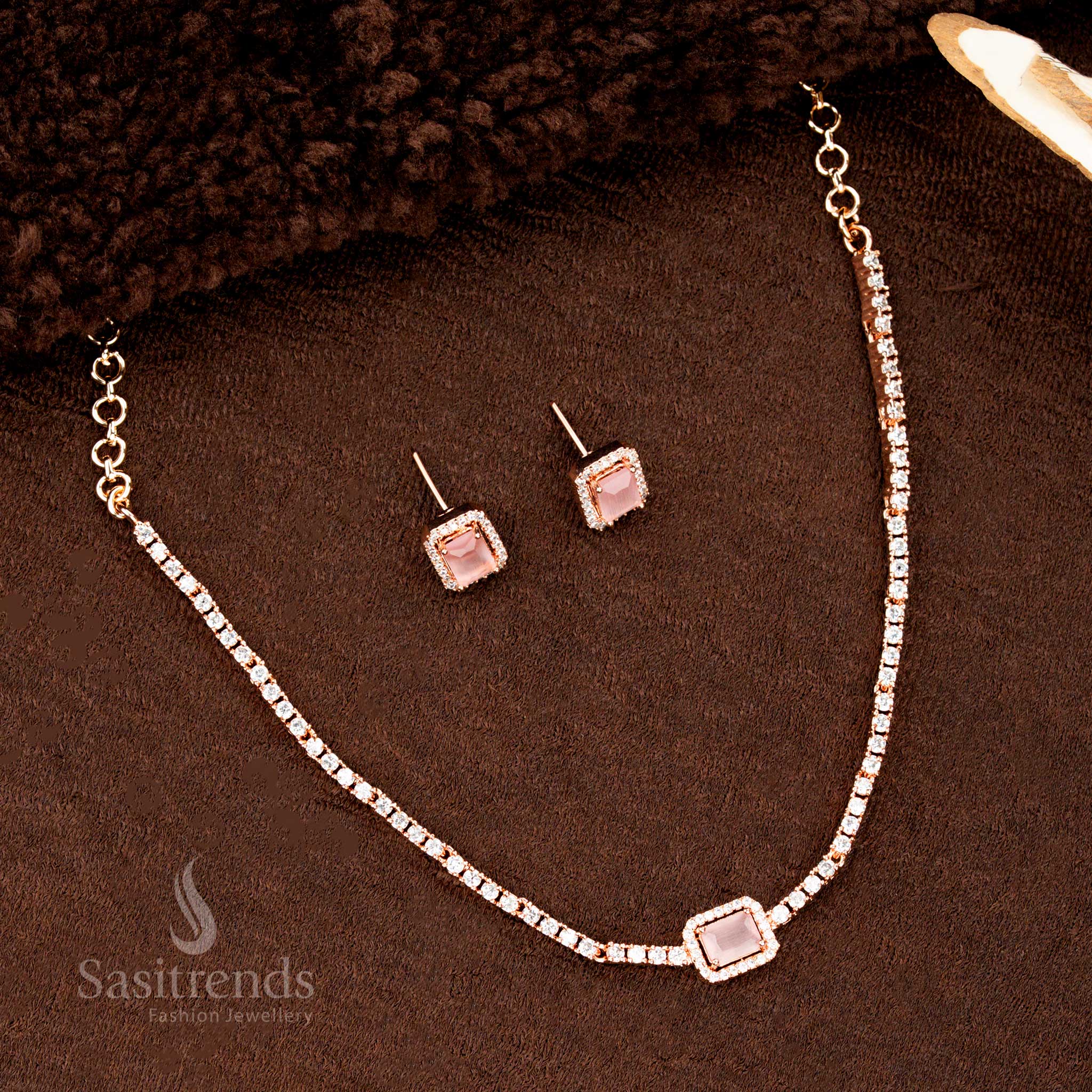 Rose gold plated necklace set with blush pink rectangular pendant and glimmering American diamond stone earrings – a dreamy and graceful jewellery design for festive and day functions by Sasitrends