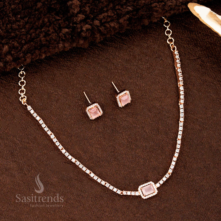 Rose gold plated necklace set with blush pink rectangular pendant and glimmering American diamond stone earrings – a dreamy and graceful jewellery design for festive and day functions by Sasitrends