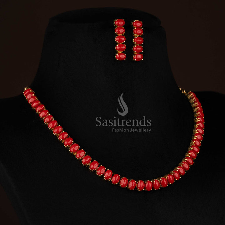 Glamorous American Diamond 24k Micro Gold Plated Oval Necklace Jewellery Set for Stylish Social Gatherings