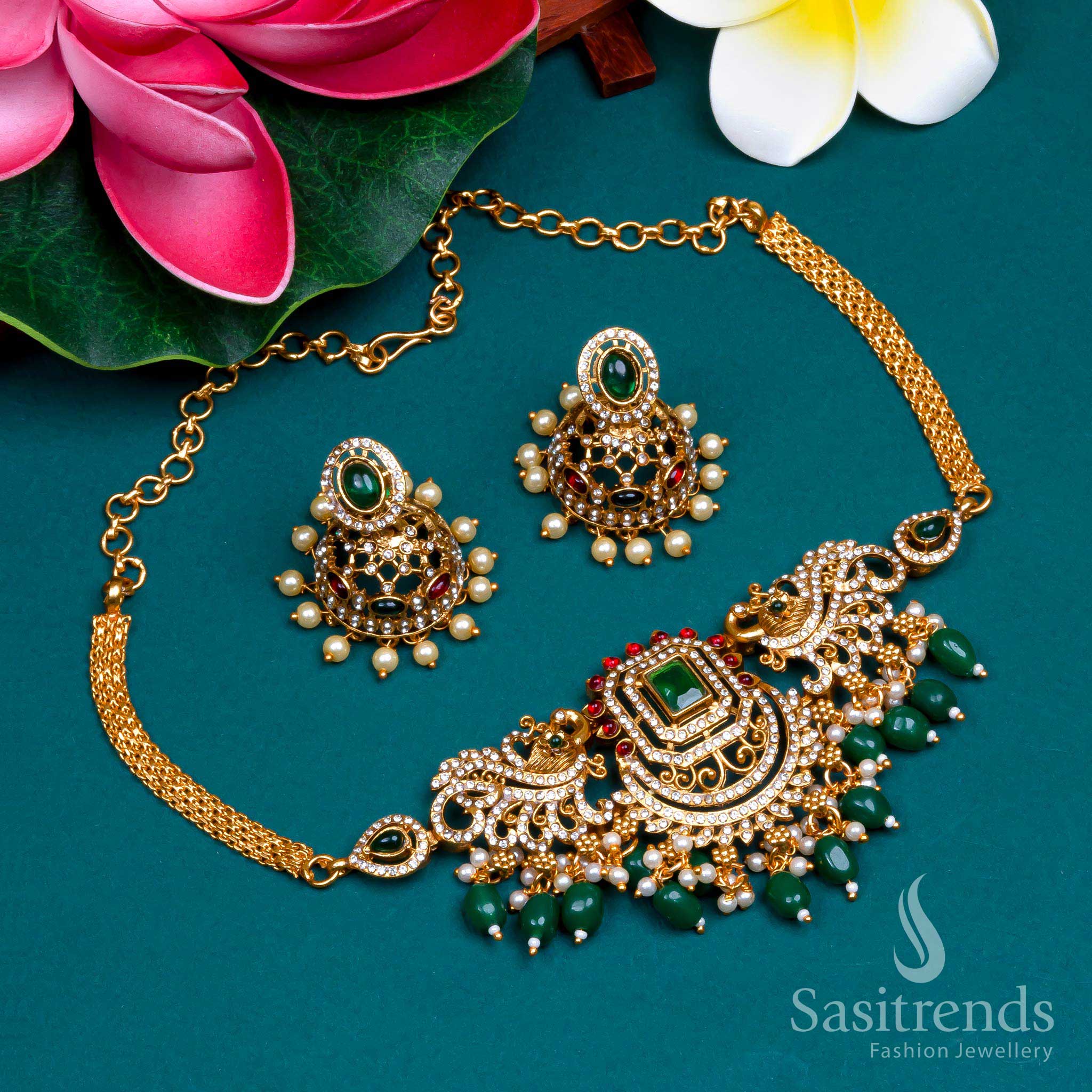 Pocket friendly Temple matte gold plated peacock green bead pearl choker necklace jewellery set - Sasitrends