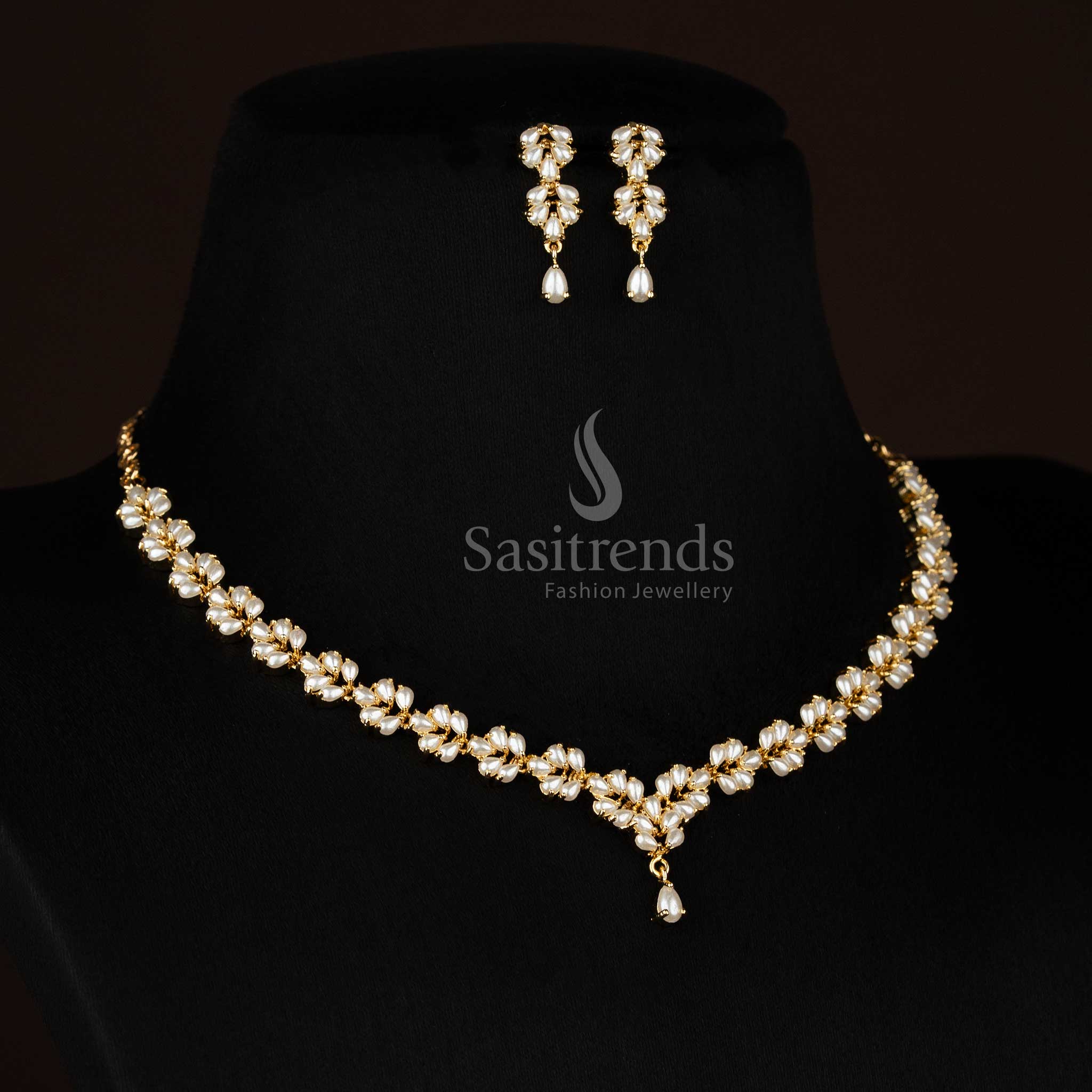 Pearl MoonPetal American diamond micro gold plated lotus floral necklace set designed for serene party moments and elegant evenings - Sasitrends